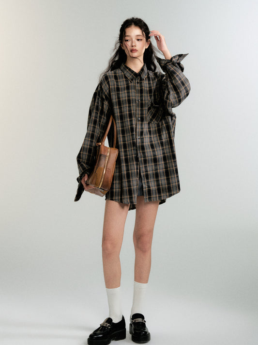 College Style Loose Fit Plaid Shirt Jacket