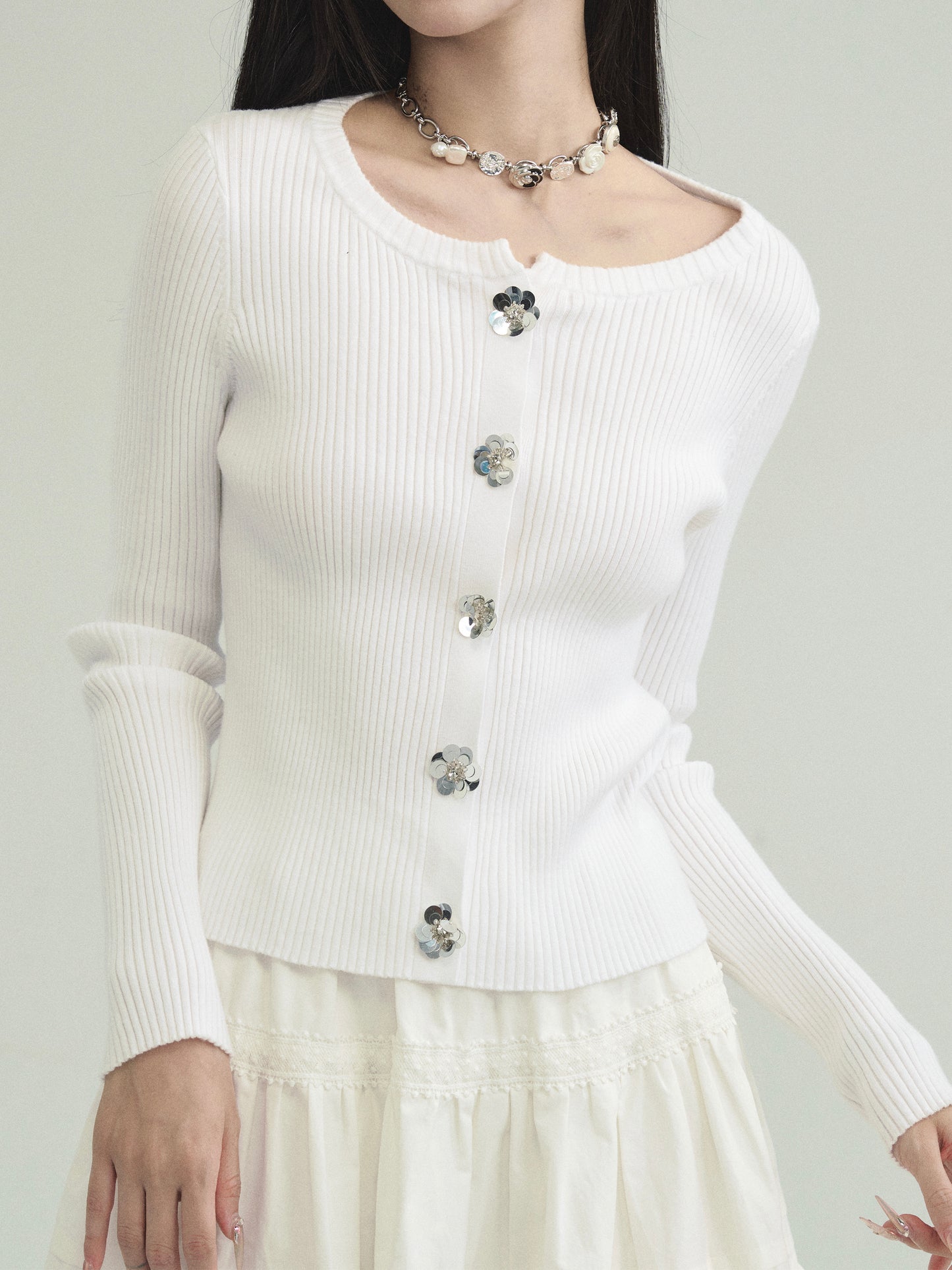 Silver Sequin Flower Rib Knit Cardigan