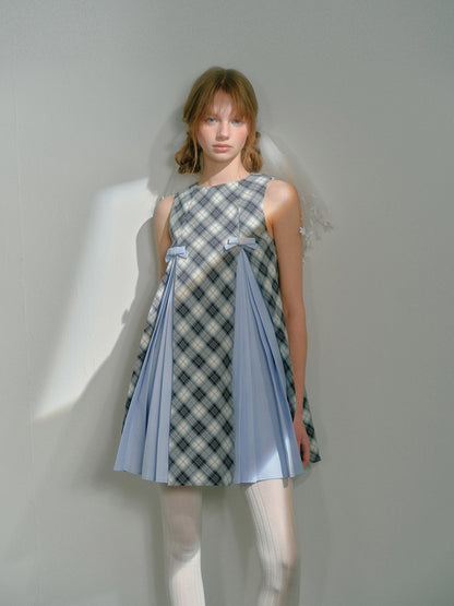 Diamond Plaid Pleated Sleeveless A-Line Mini Dress