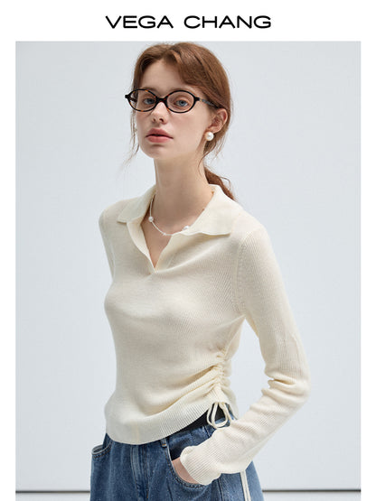 Plain Polo Rib Knit Top And Flared Slim Pants