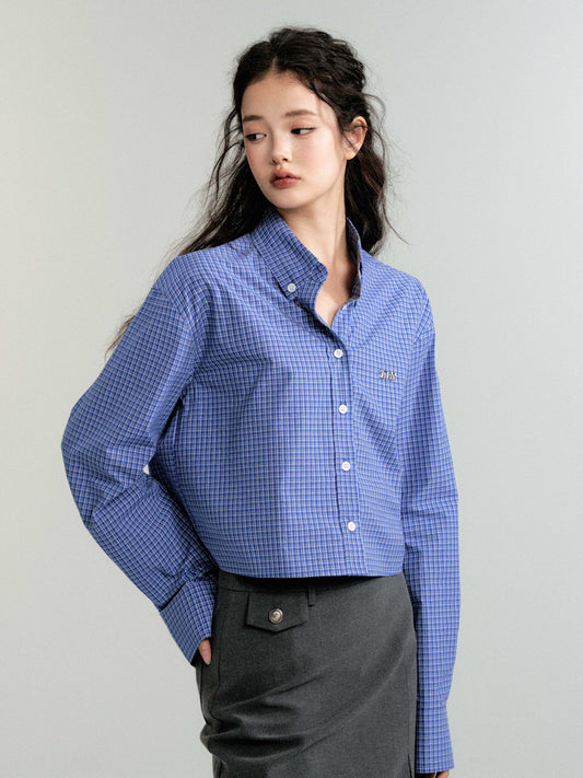 Small Plaid Cropped Cotton Button-Down Shirt