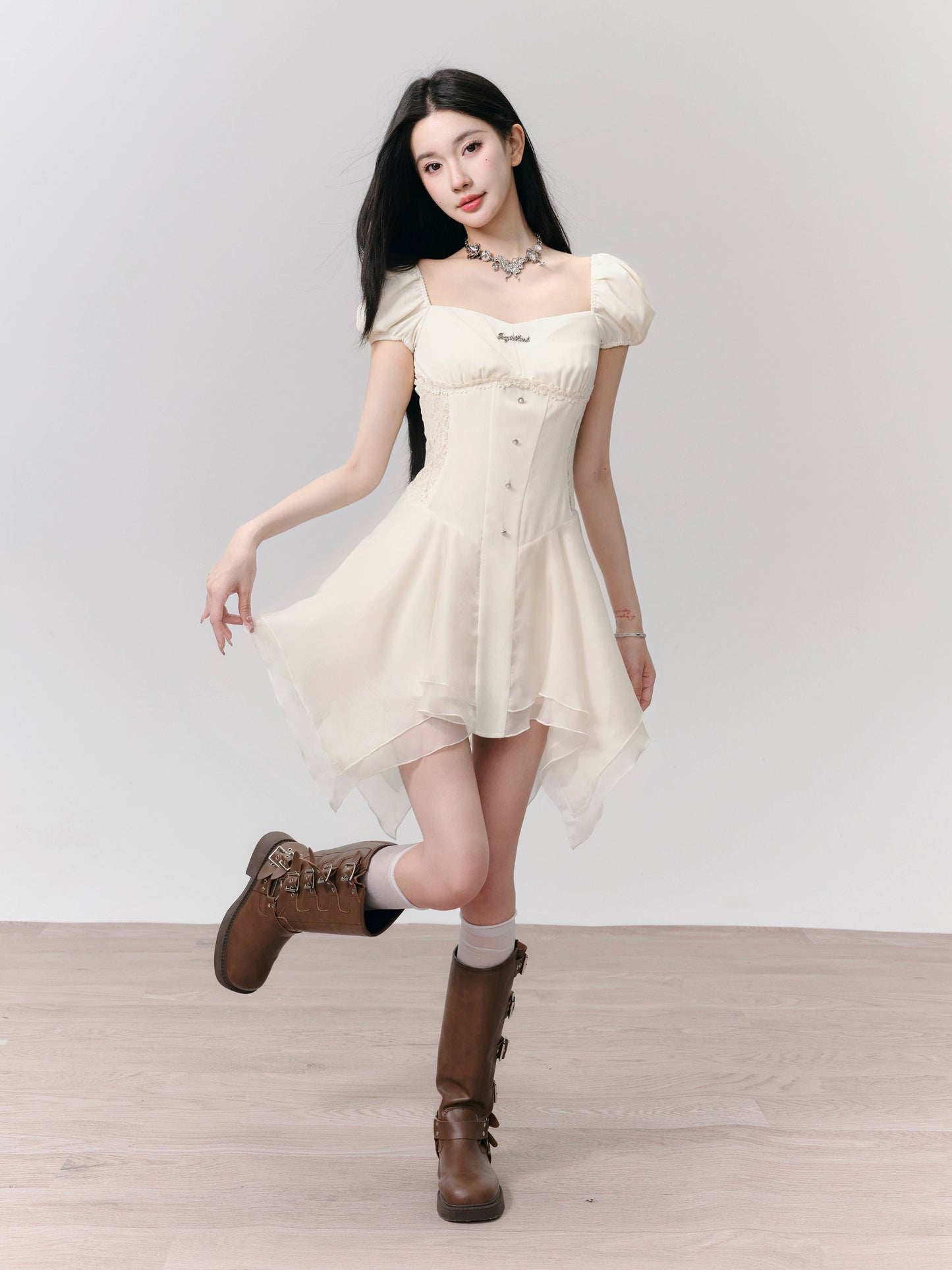 Puff Sleeve Floral Lace Bustier Style Short Chiffon Dress