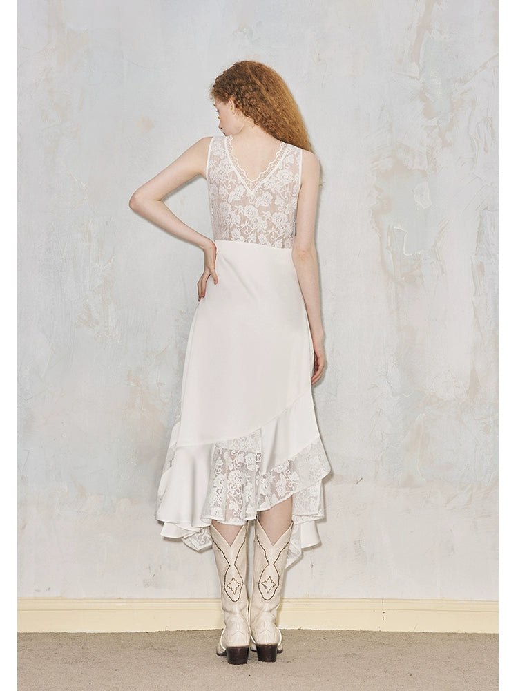 Asymmetrical Sleeveless Slip Styled Dress With Lace Waist