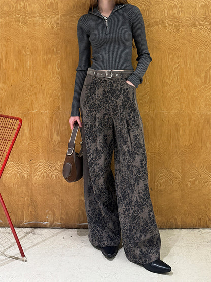 Cotton Blend Leopard Wide-Leg Belted Trousers