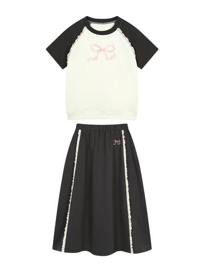 Bow Embroidery Frilled Raglan T-Shirt And Long Skirt