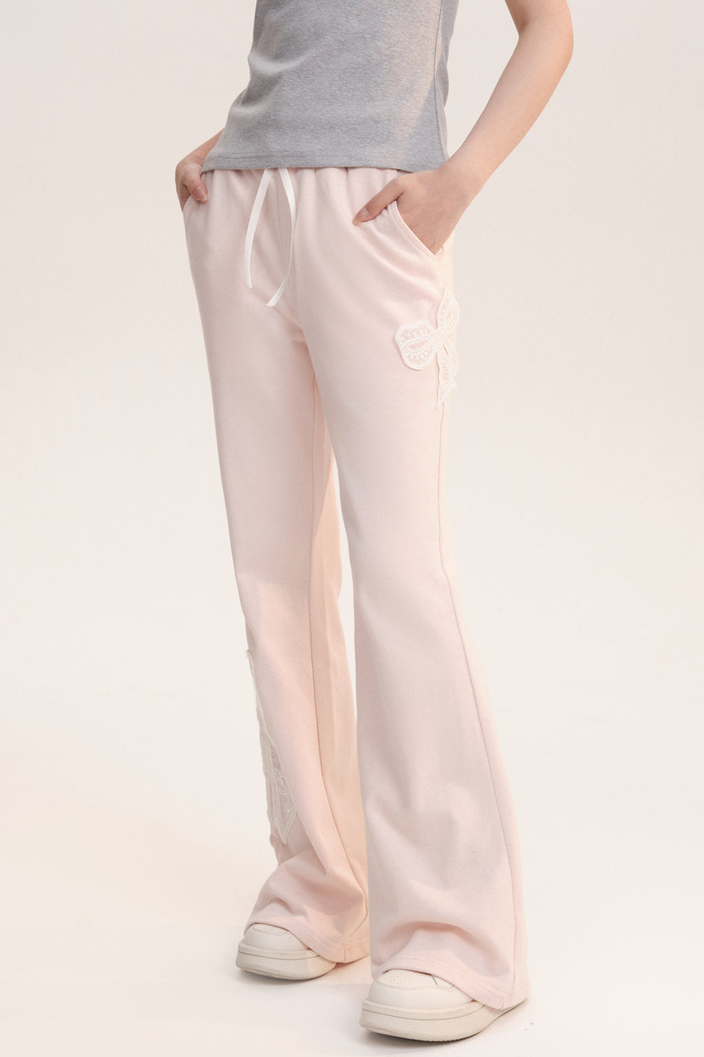 Large Lace Bow Patched Flare Sweatpants