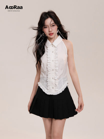 Sleeveless Frilled Lace Placket Round Hem Shirt