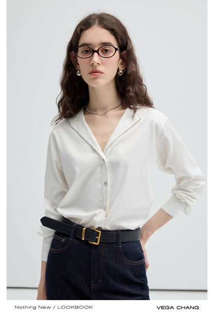 Open Collar V-Neck Cotton Woven Shirt