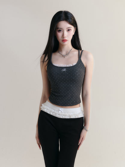 Dotted Cross Strap Lace Trimmed Crop Cami Top