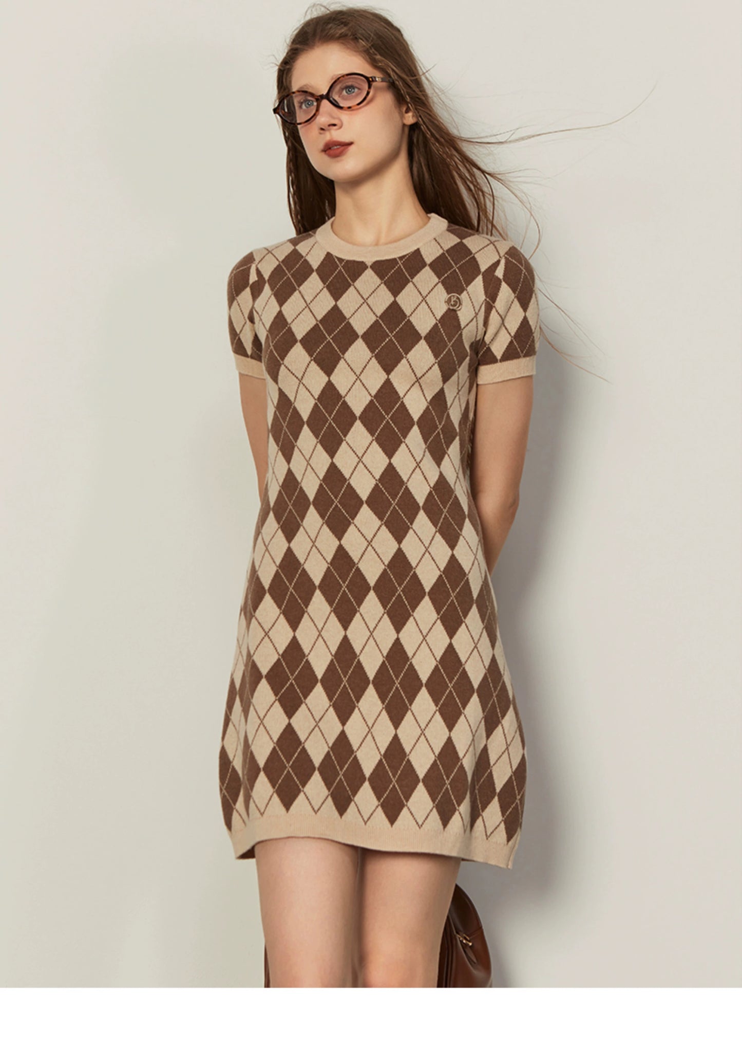 Mercerized Wool Short Sleeve Argyle Knit Dress