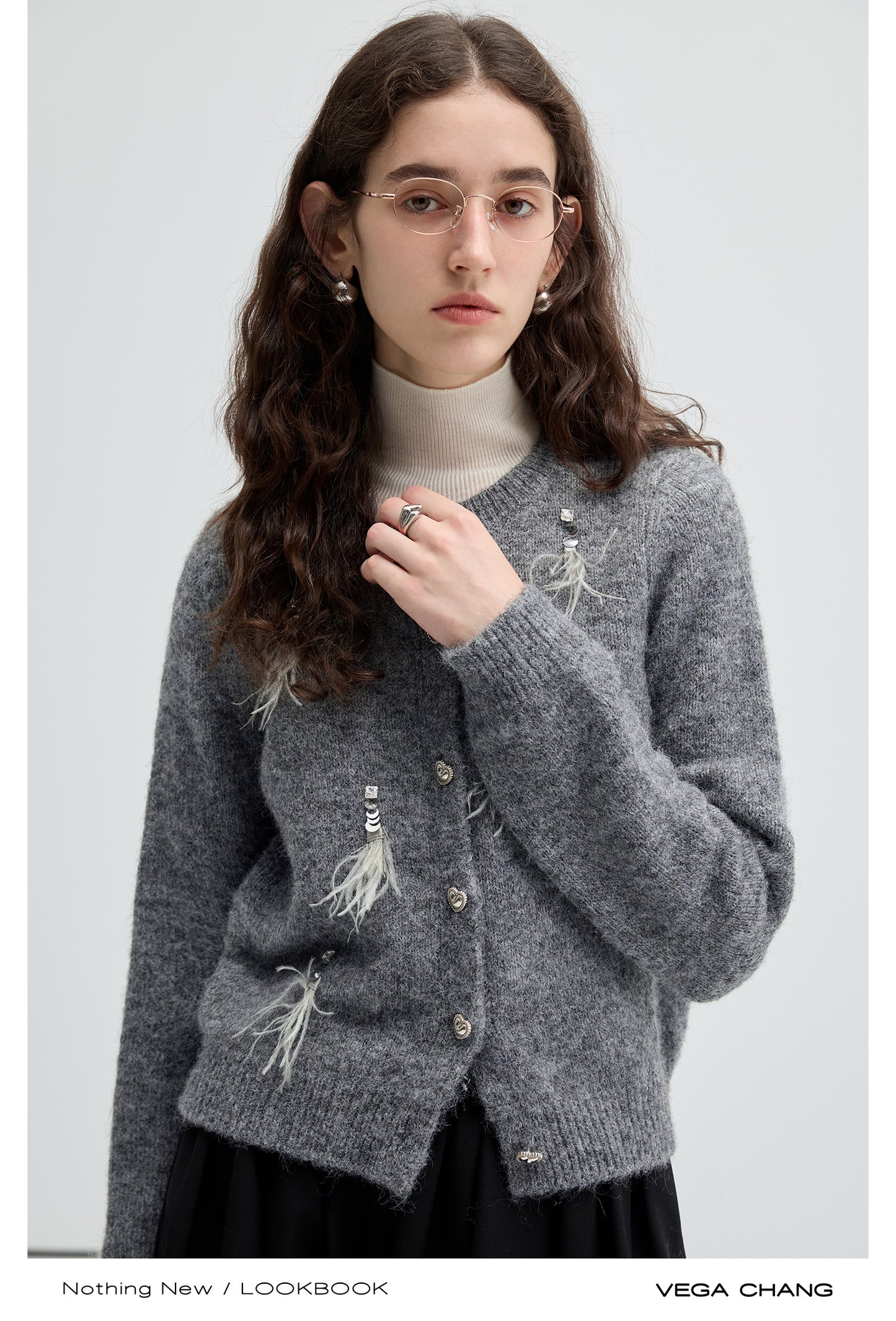 Heart Buttoned Sequin Feather Cardigan