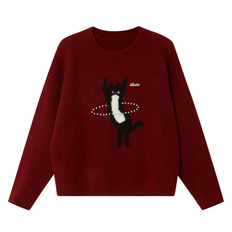 Beaded Hula Hoop Cat Knit Pullover