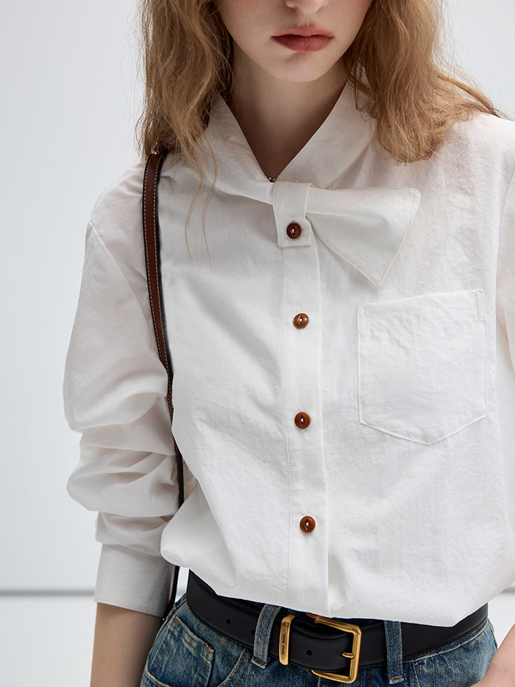 Asymmetric Bow Tie Wrinkle Textured Chic Shirt