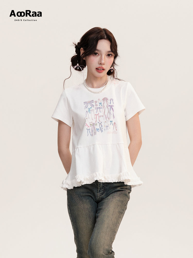 Illustrated Bows Print Frilled Hem T-Shirt