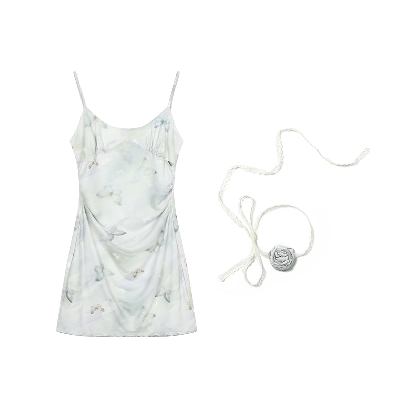 Butterfly Mesh Mini Cami Dress And Flower Necklace