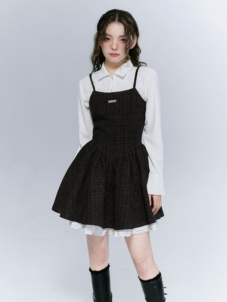 Victorian Corset-Inspired Tweed Strap Dress