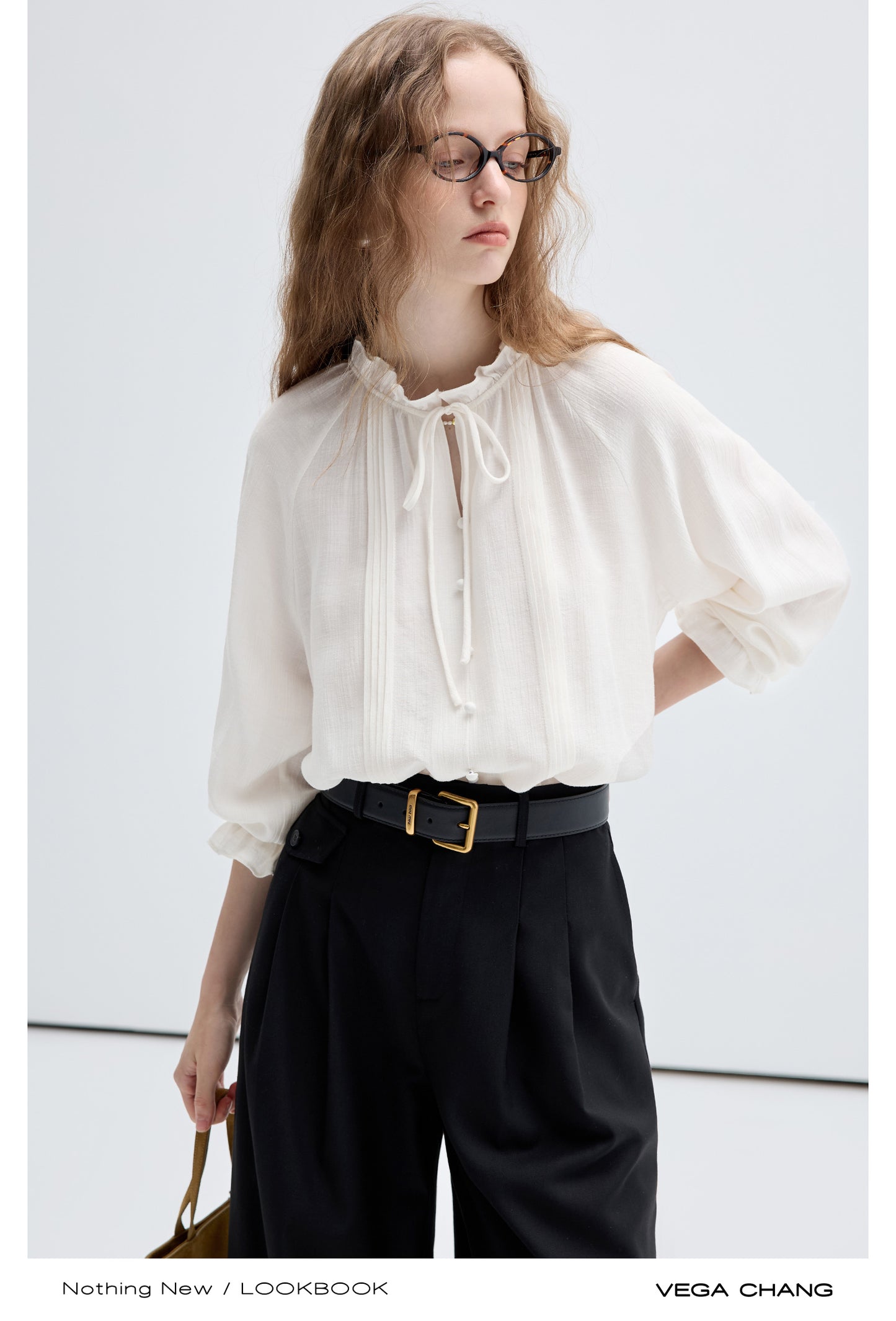 Frilled Trim Pin Tuck Blouse With Covered Buttons