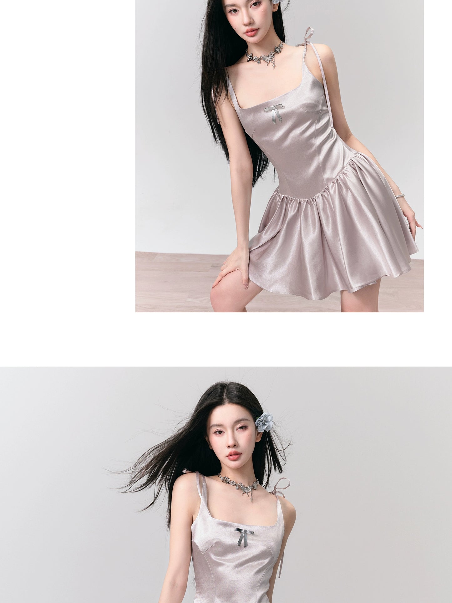 Satin Flowy Short Dress With Removable Faux Leather Bow