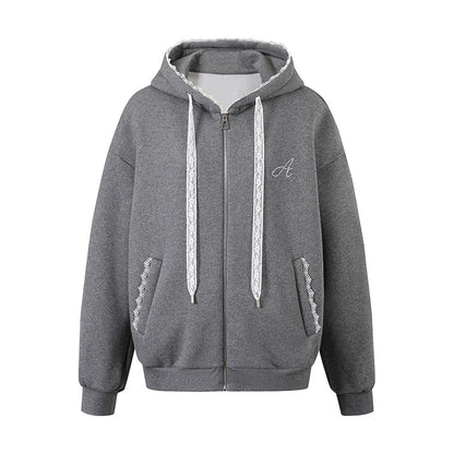 Floral Lace Ribbon Detail Zip-Up Hoodie