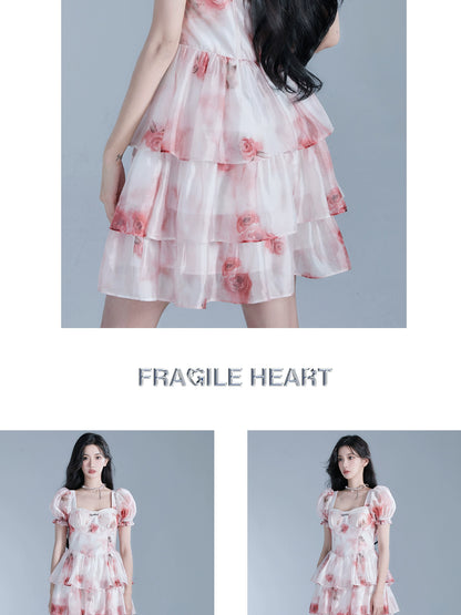 Rose Print Puff Sleeve Ruffled Glossy Chiffon Dress