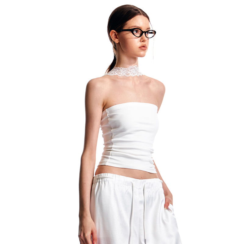 Lace Neckband Fitted Plain Cotton Tube Top