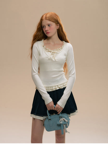 Layered-Look Rib Knit Top With Small Floral Frills