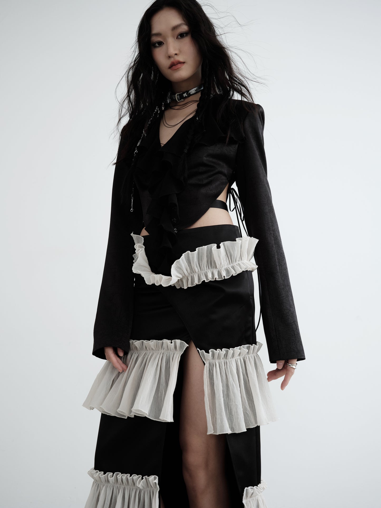 Textured Satin Ruffled Front Cropped Jacket