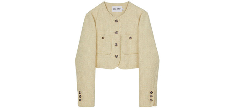 Wool Blend Collarless Cropped Tweed Jacket