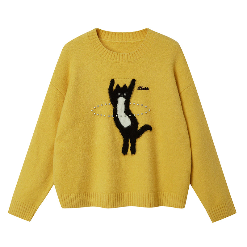 Beaded Hula Hoop Cat Knit Pullover