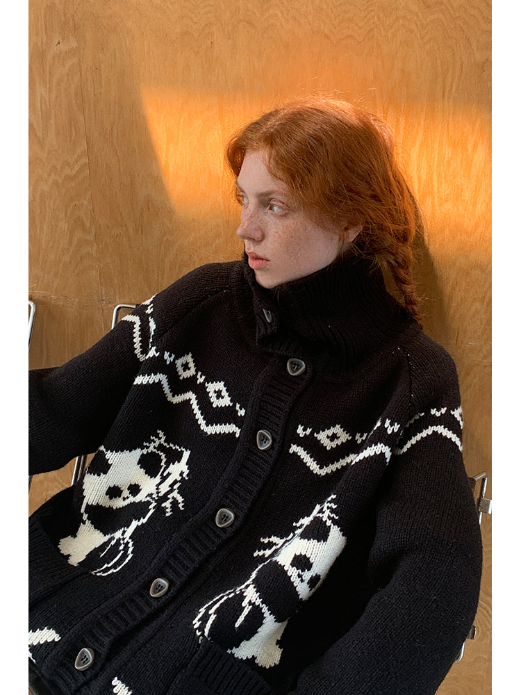 High Neck Panda Contrast Knitted Cardigan