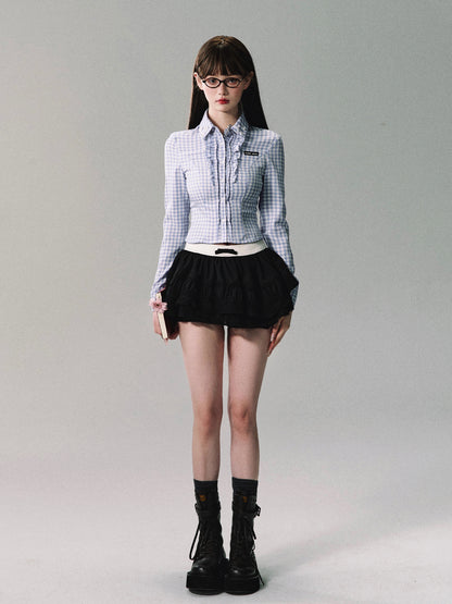 Gingham Check Frill Fitted Shirt And Pleated Skirt