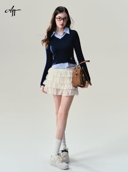 Sheer Lace Puffy Tiered Mini Skirt