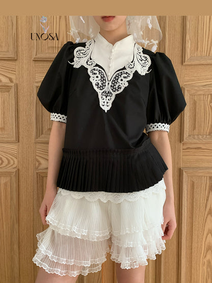 Lace Stitch Qipao Inspired Puff Sleeve Blouse