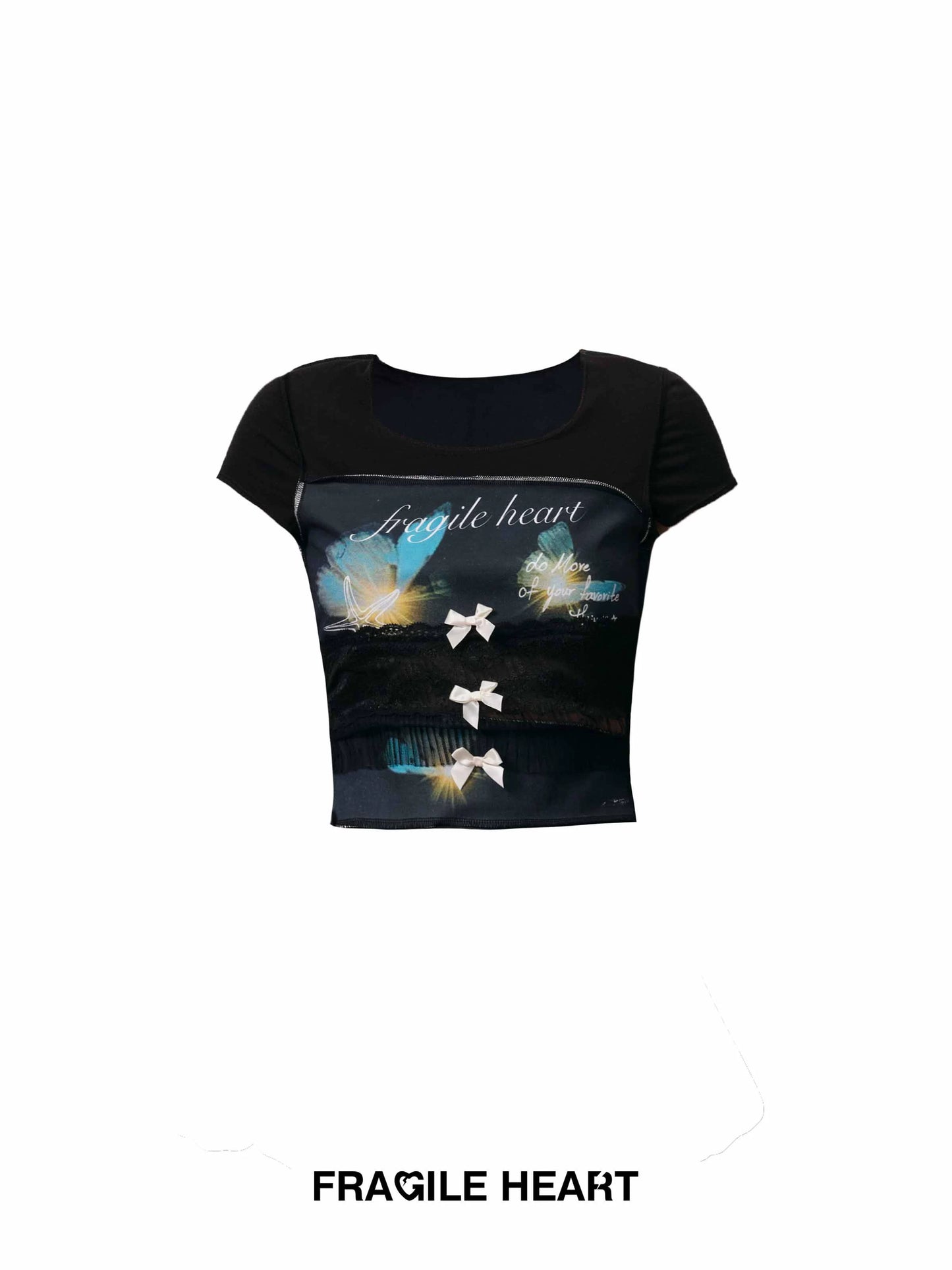 Printed Reverse-Seam T-Shirt With Lace And Bow Detail