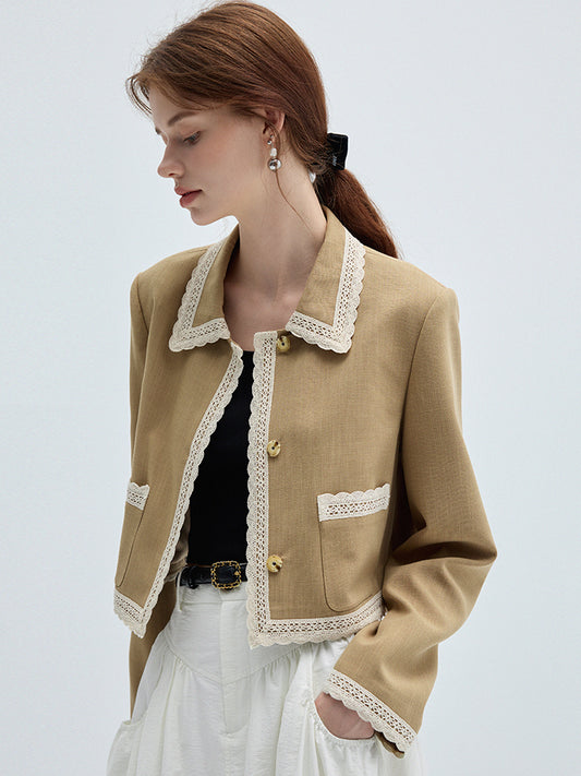 Woven Lace Trimmed Boxy Short Jacket