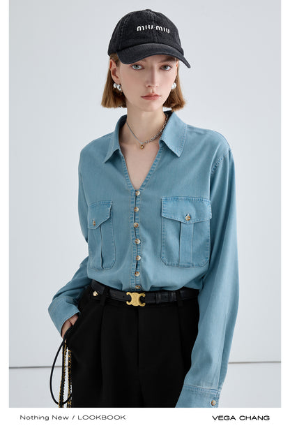 Open Collar V-Neck Soft Fabric Shirt