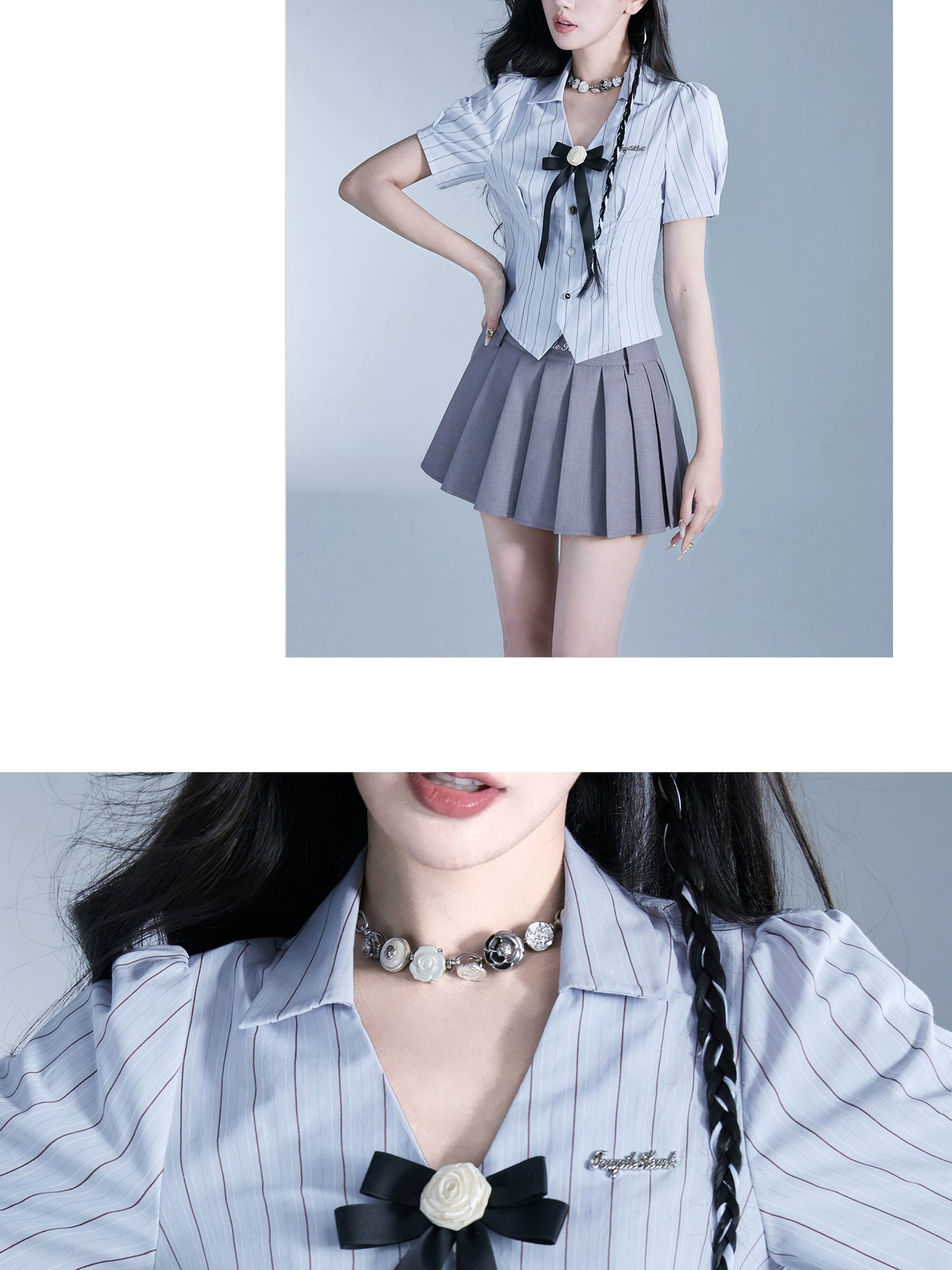 School Girl Style Rose Open Collar Shirt And Pleated Skirt