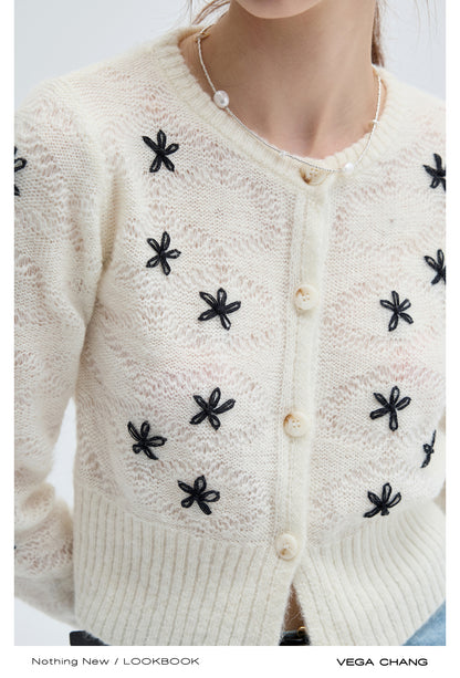 Flower Embroidered Ribbed Waist Wool Cardigan