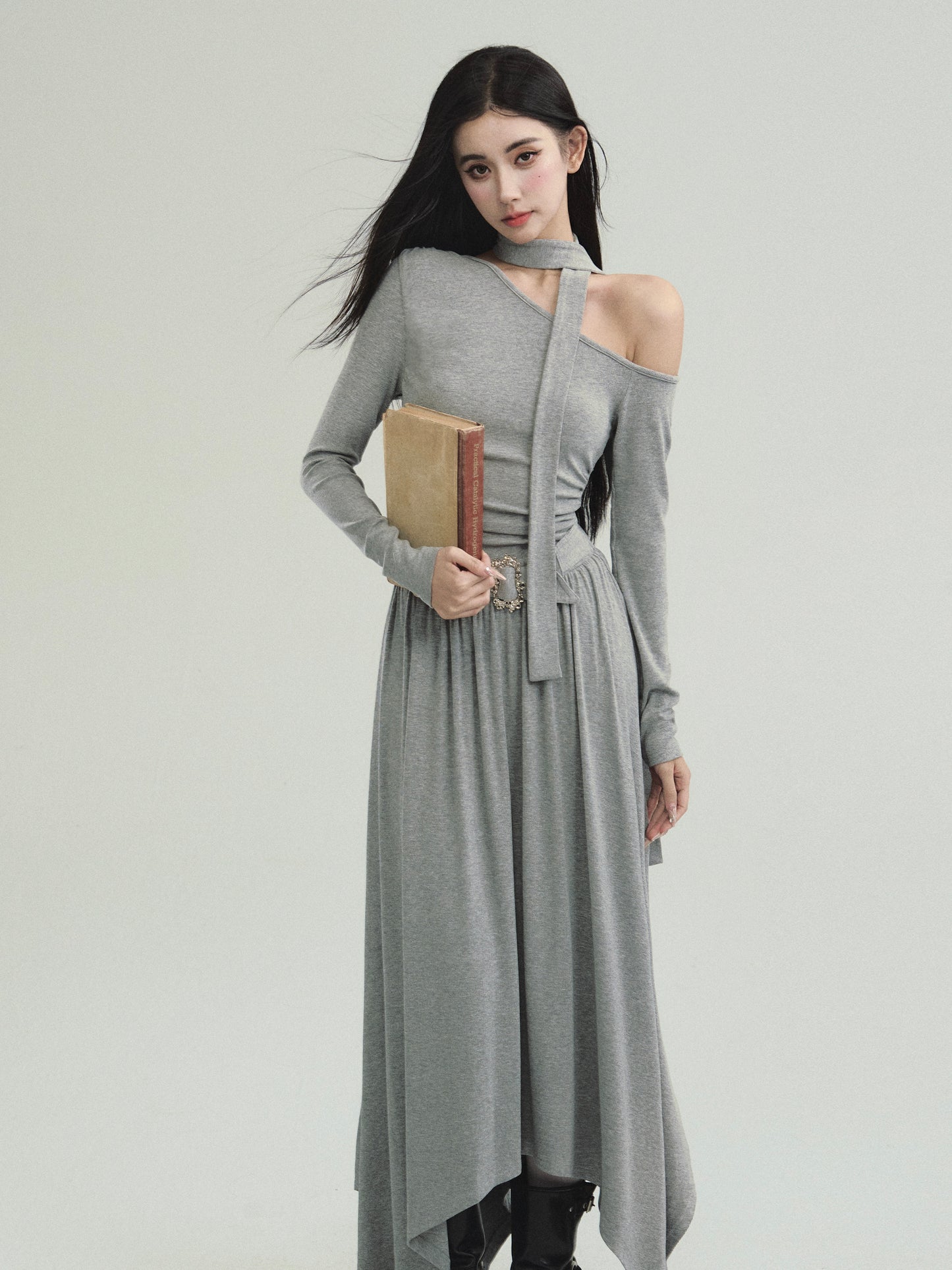 One-Shoulder Cotton Dress With Matching Scarf