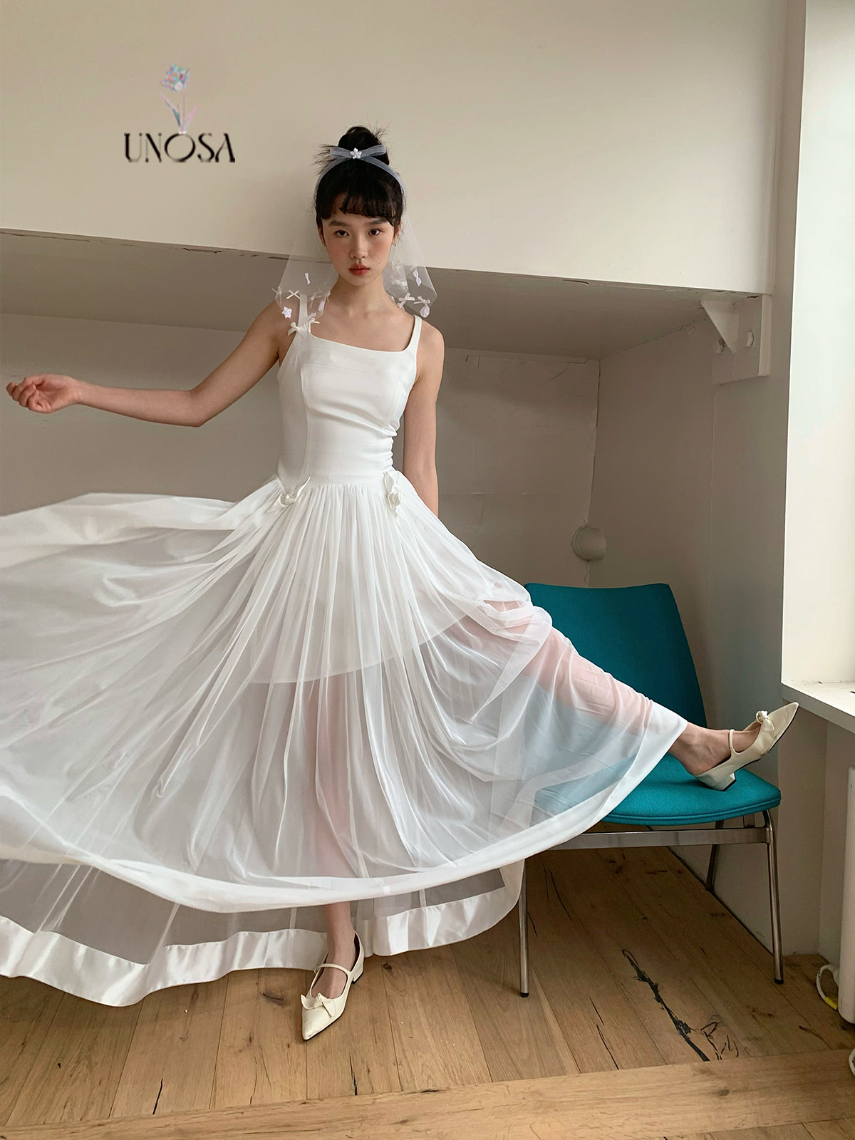 See-Through Dual Fabric Long Flowy Dress