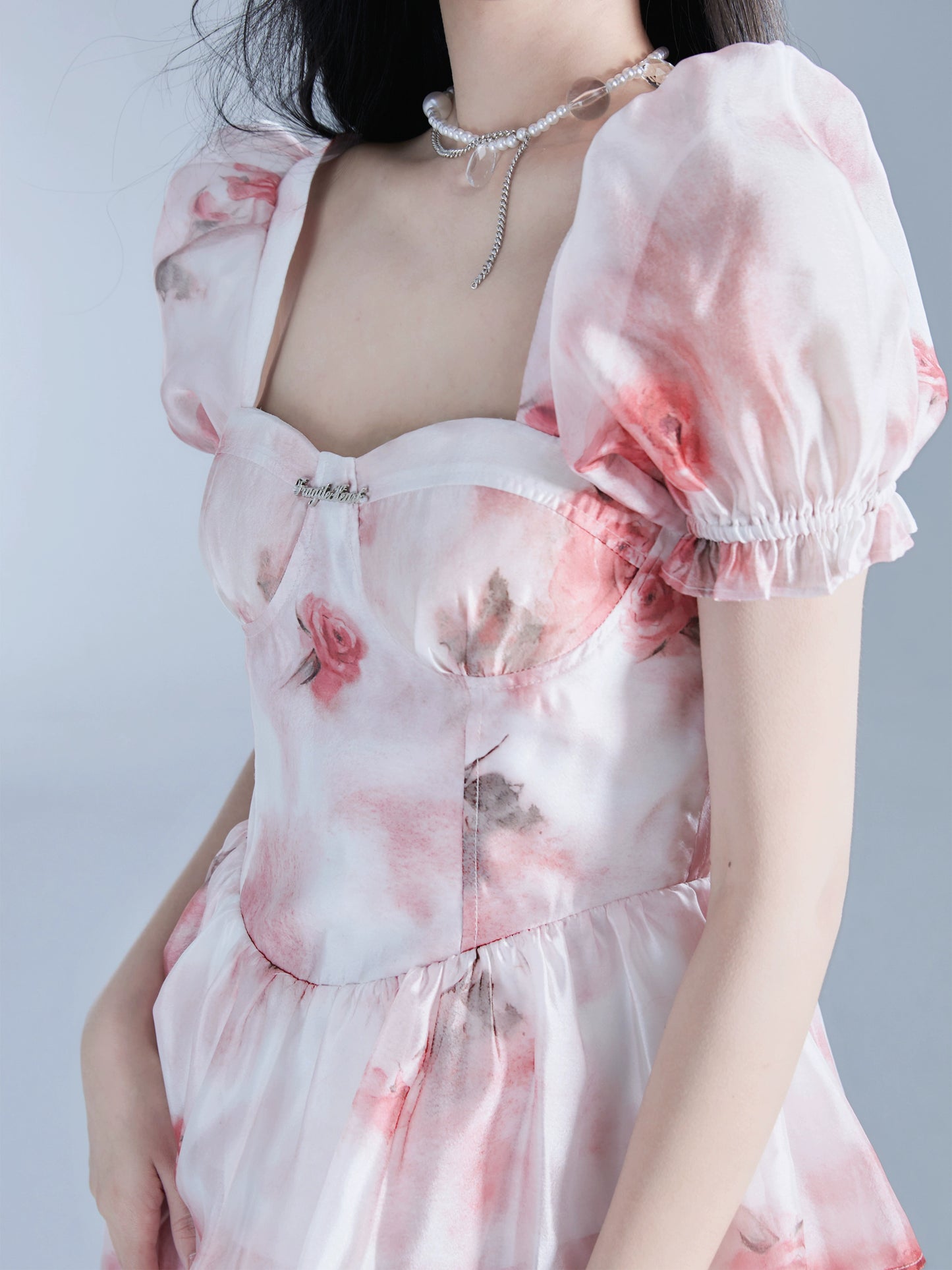 Rose Print Puff Sleeve Ruffled Glossy Chiffon Dress