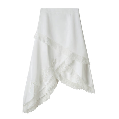 Asymmetric Elegant Lace-Trimmed Drapey Satin Skirt