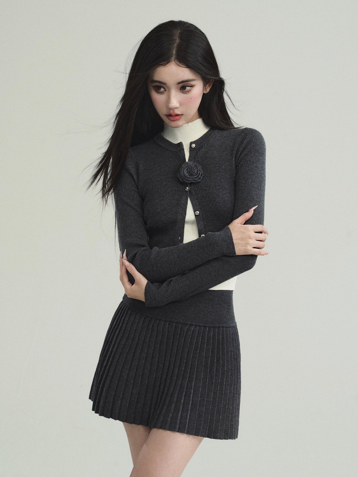 Fitted Rib Knit Cardigan, Pleated Skirt, Vest