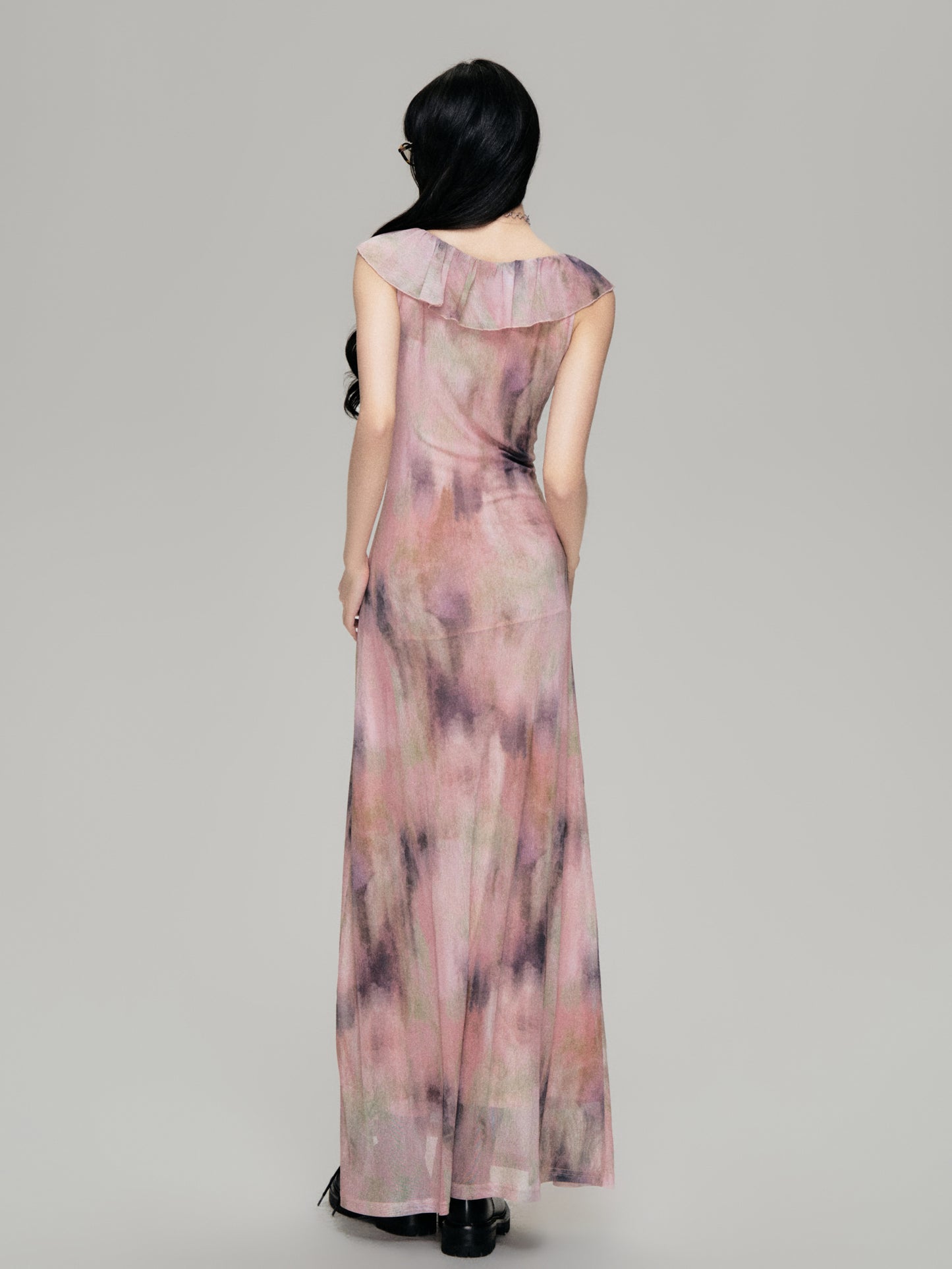 Smudge Print Wood Ear Edge V-Neck Mesh Long Dress