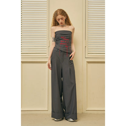 Letter Fringed Embroidery Tube Top And Turn Up Trousers