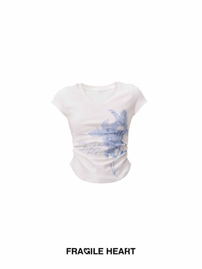 Lily Floral Print V-Neck Slim Fit Ruched T-Shirt