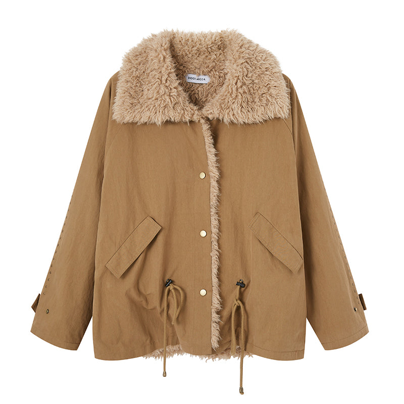 Drawstring Waist Faux Fur Lined Jacket