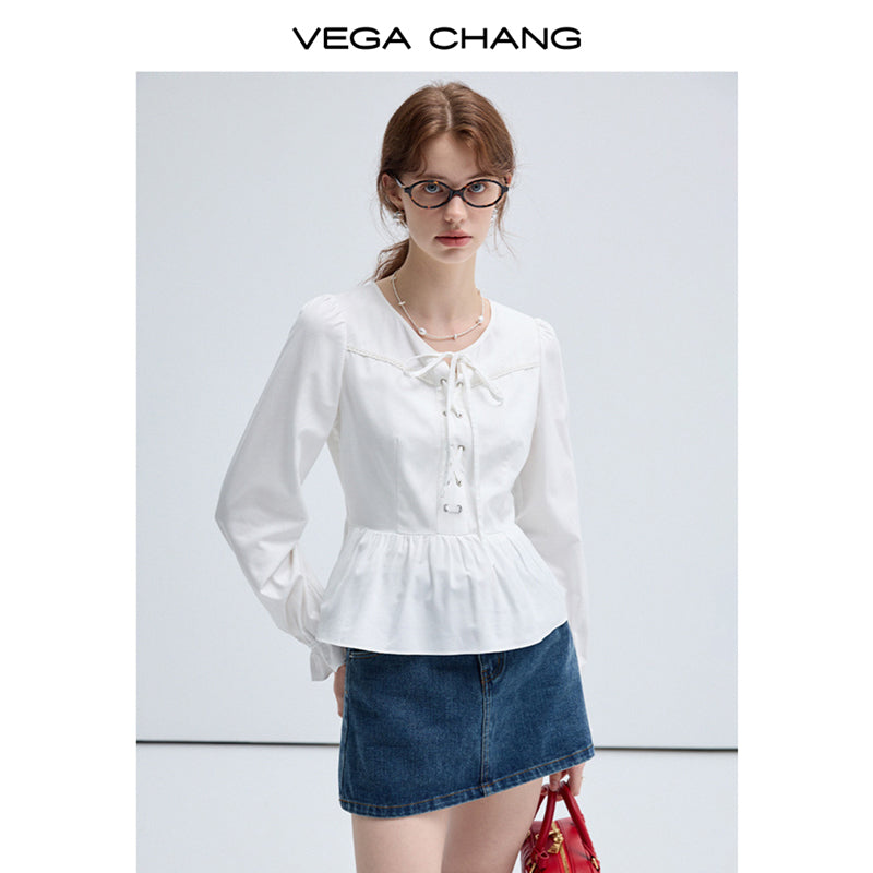 Cross Lace Up Puff Sleeved Blouse