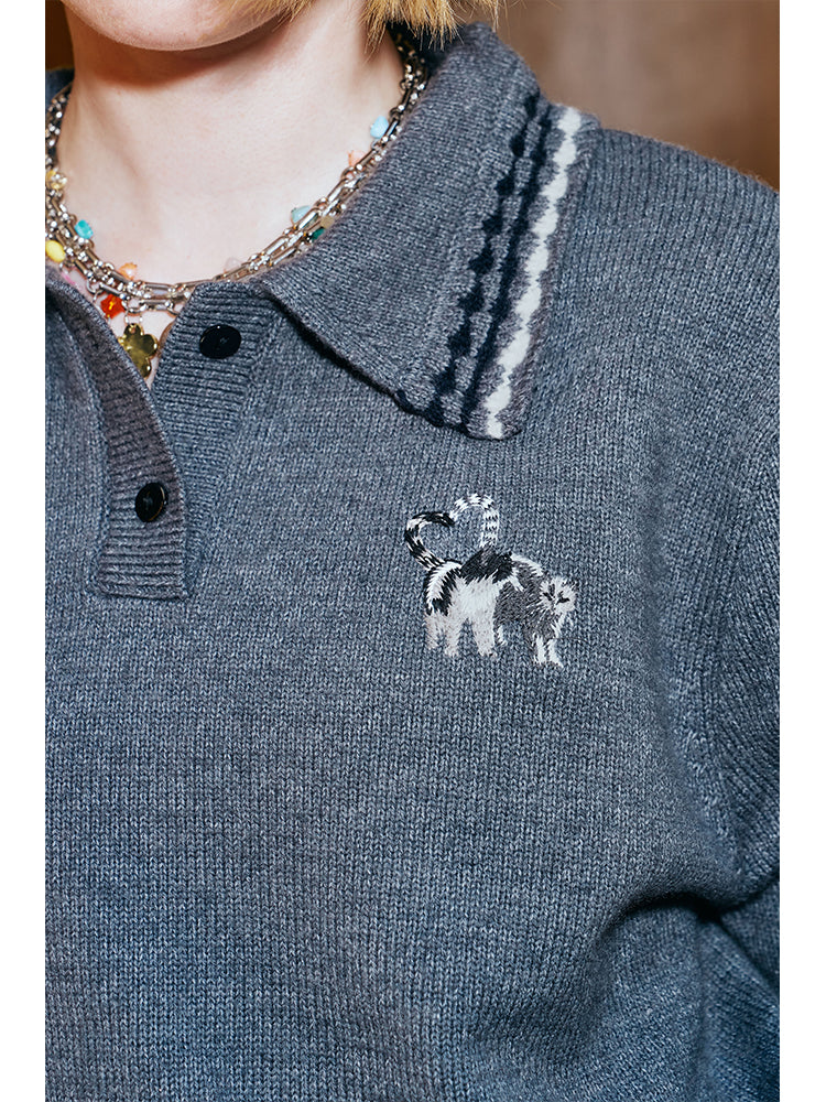 Cat Heart Embroidery Tipping Polo Knit Sweater