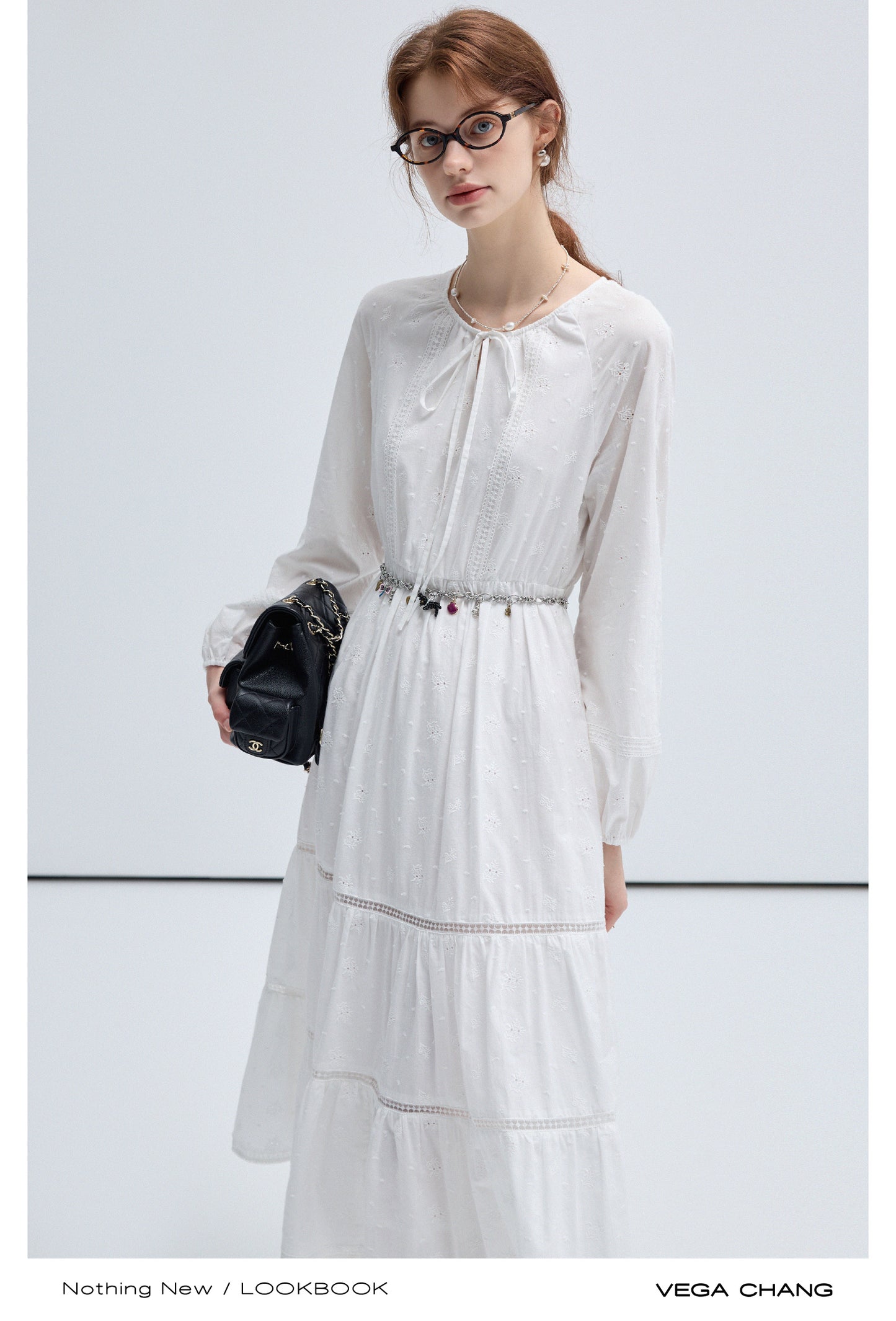 String Tie Neck Embroidery Long Tiered Smock Dress